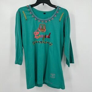 Womens Western Cowgirl Embroidered‎ Top Size L Turquoise Boho Rodeo Ranch